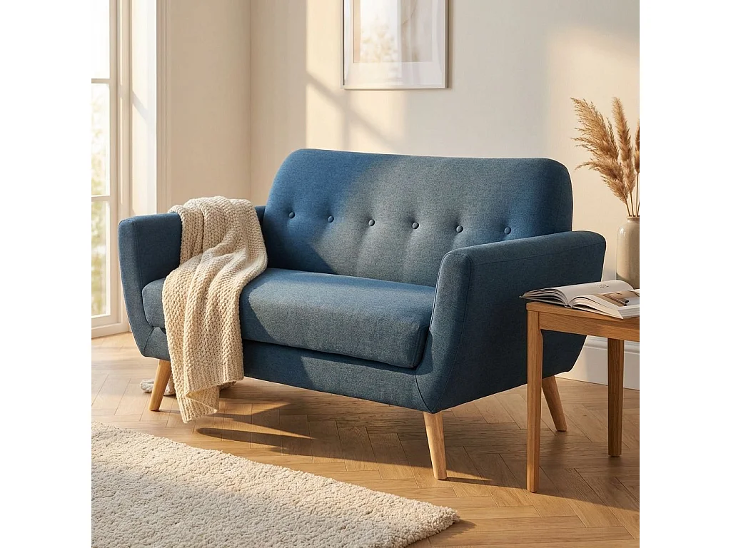 Milani Home - Divano 2 Posti Blu Melange Stile Moderno Di Design Contemporaneo Con Bottoni Per Salotto Casa Hotel, Stile Moderno, , Cm 147x79x86 H - Blu
