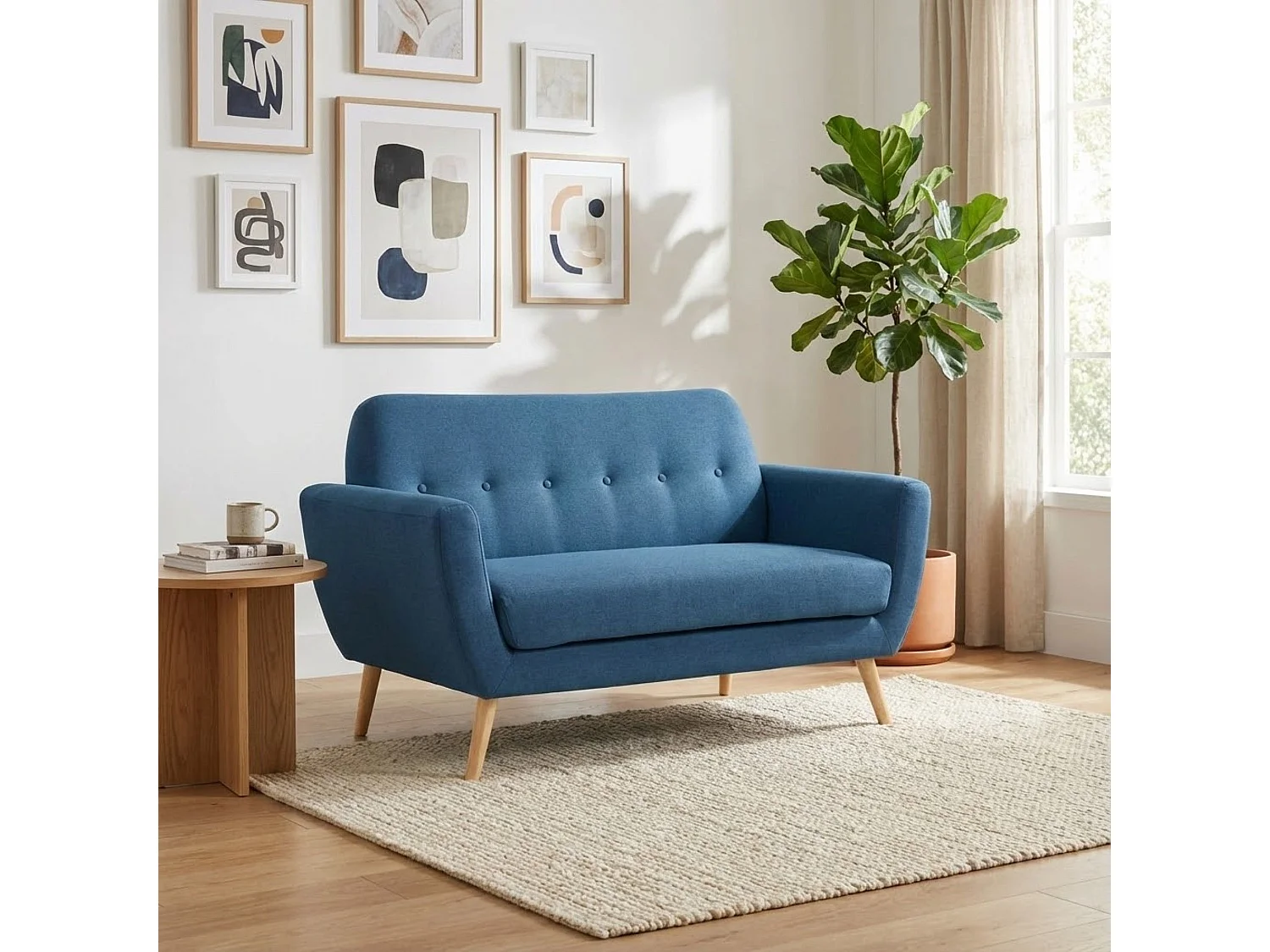 Milani Home - Divano 2 Posti Blu Melange Stile Moderno Di Design Contemporaneo Con Bottoni Per Salotto Casa Hotel, Stile Moderno, , Cm 147x79x86 H - Blu