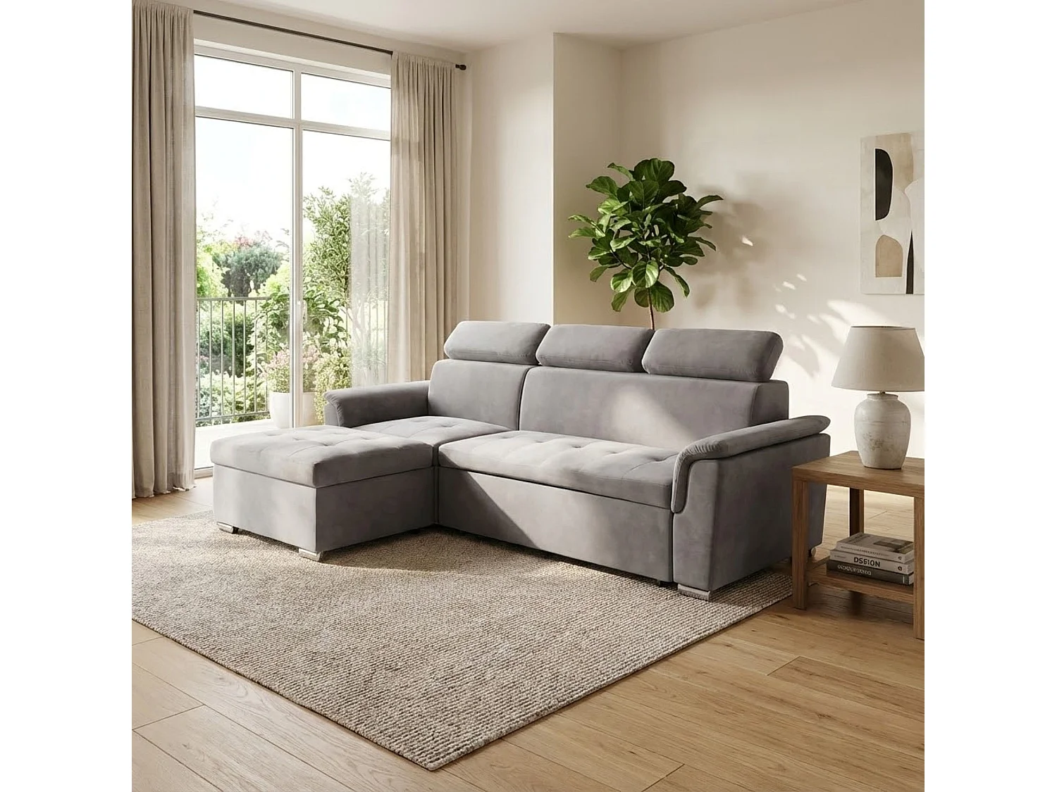 MilaniHome.it - divano letto con penisola ergonomico con poggiatesta regolabile e supporto lombare penisola contenitoredi coloreTortora