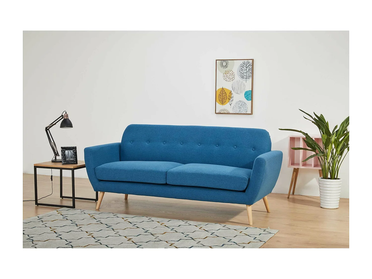 MilaniHome.it - Divano 3 Posti Blu Melange Stile Moderno Di Design Contemporaneo Con Bottoni Per Salotto Casa Hotel, Stile Moderno, , 193x79x86 Hdi coloreBlu