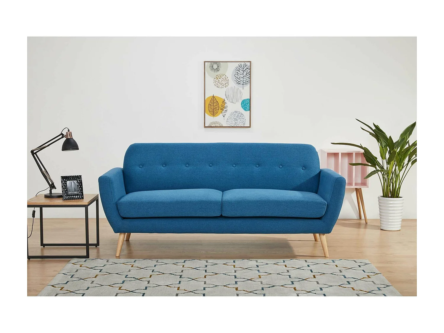 MilaniHome.it - Divano 3 Posti Blu Melange Stile Moderno Di Design Contemporaneo Con Bottoni Per Salotto Casa Hotel, Stile Moderno, , 193x79x86 Hdi coloreBlu