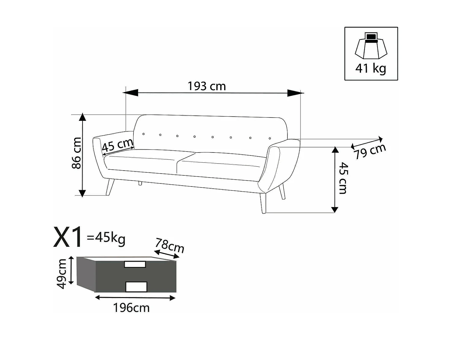 MilaniHome.it - Divano 3 Posti Blu Melange Stile Moderno Di Design Contemporaneo Con Bottoni Per Salotto Casa Hotel, Stile Moderno, , 193x79x86 Hdi coloreBlu