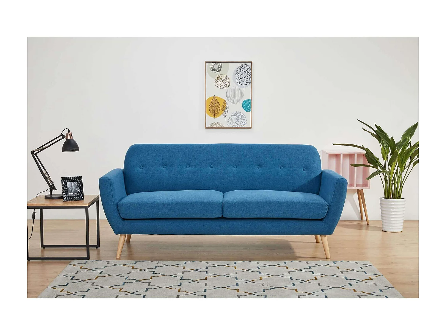 MilaniHome.it - Divano 3 Posti Blu Melange Stile Moderno Di Design Contemporaneo Con Bottoni Per Salotto Casa Hotel, Stile Moderno, , 193x79x86 Hdi coloreBlu