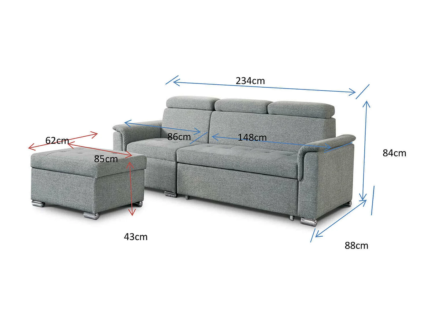 MilaniHome.it - divano letto con penisola ergonomico con poggiatesta regolabile e supporto lombare penisola contenitoredi coloreBlu