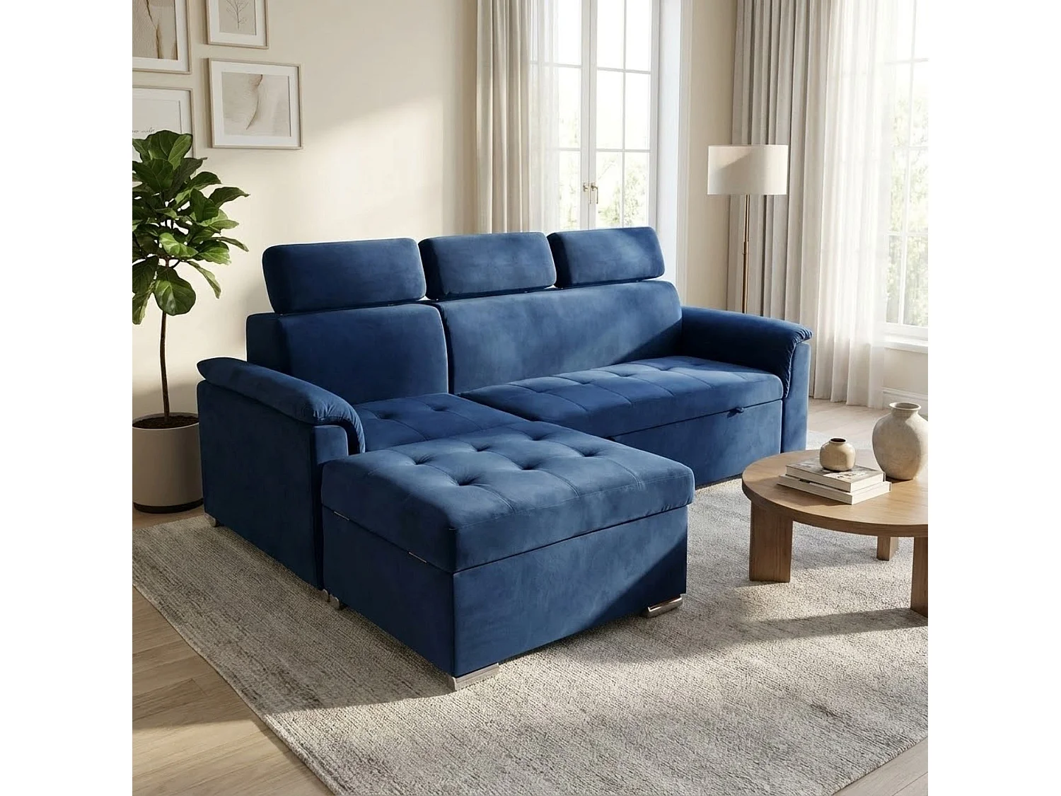 MilaniHome.it - divano letto con penisola ergonomico con poggiatesta regolabile e supporto lombare penisola contenitoredi coloreBlu