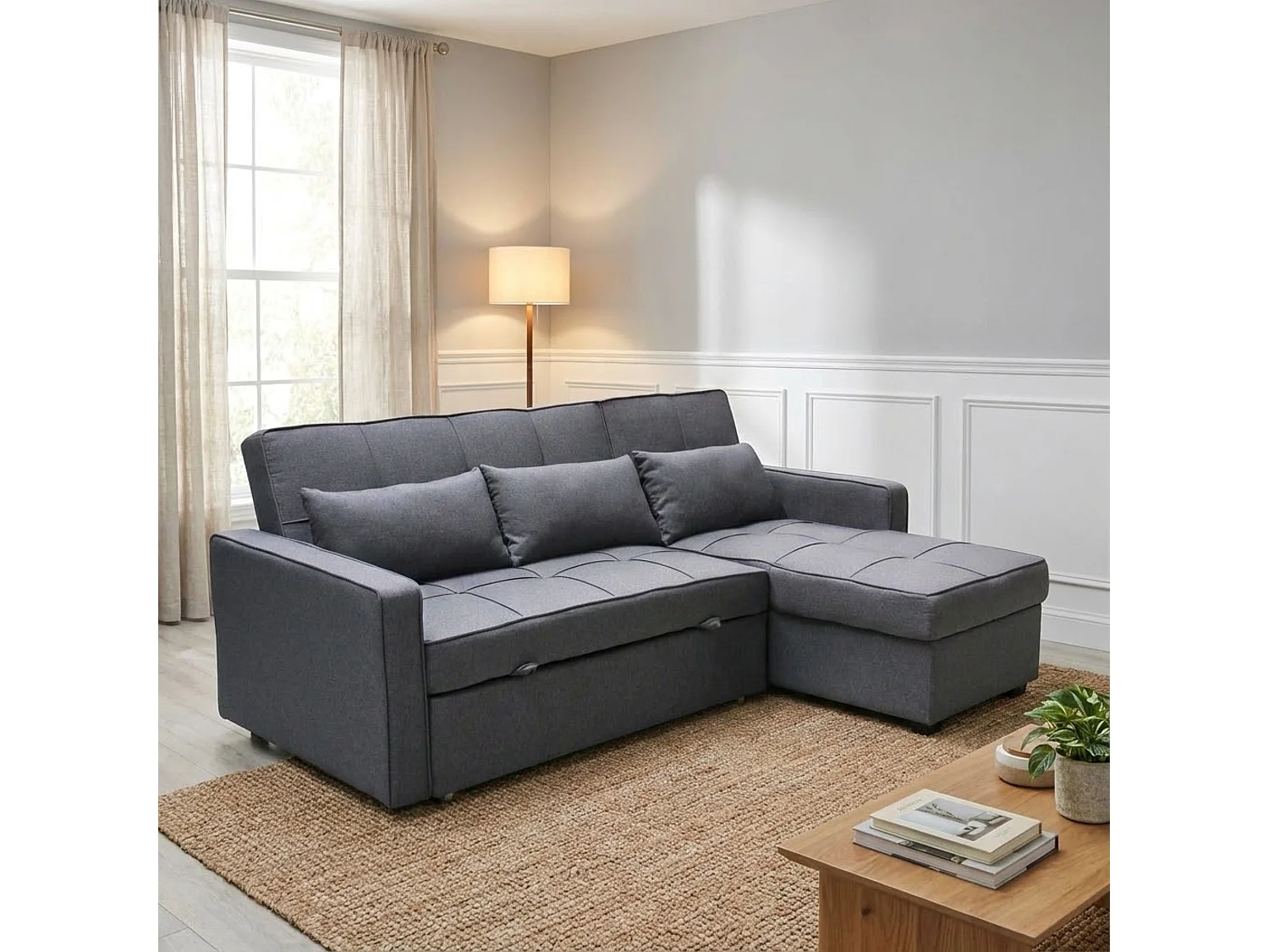 MilaniHome.it - divano letto con penisola per salotto soggiorno in tessuto grigio scuro modernodi coloreGrigio scuro