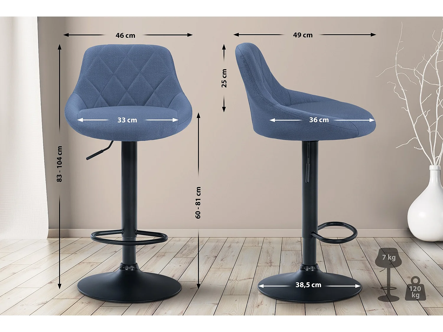 Tabouret de bar - Tissu & Noir - Bleu - Lazio
