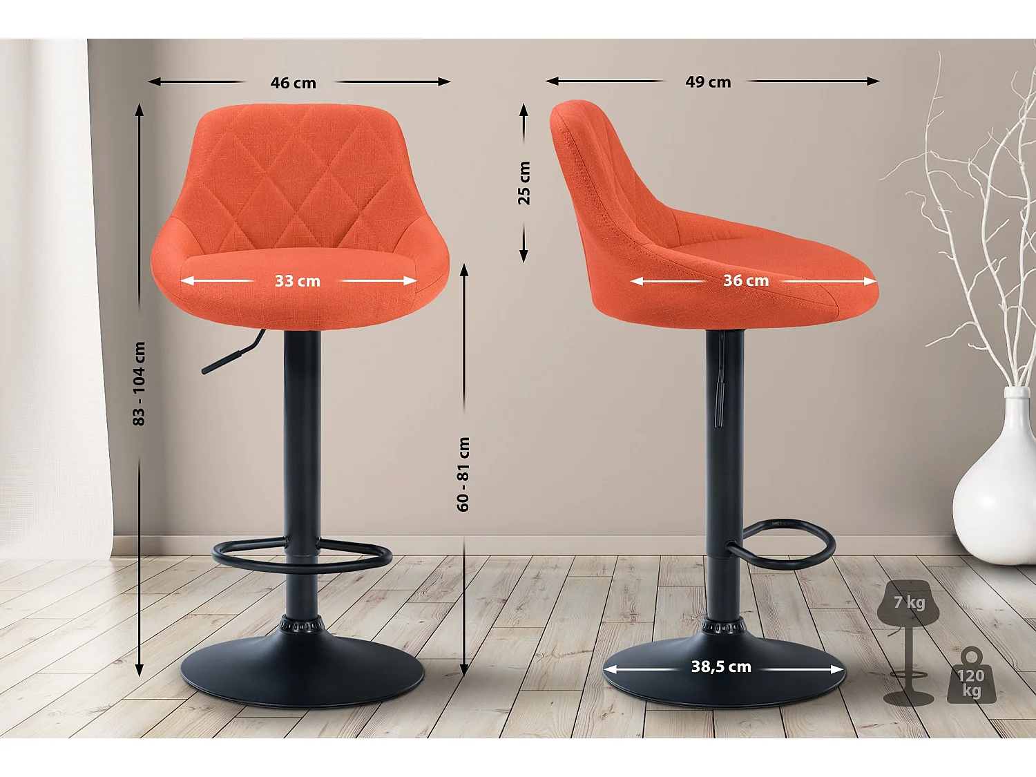 Tabouret de bar - Tissu & Noir - Orange - Lazio