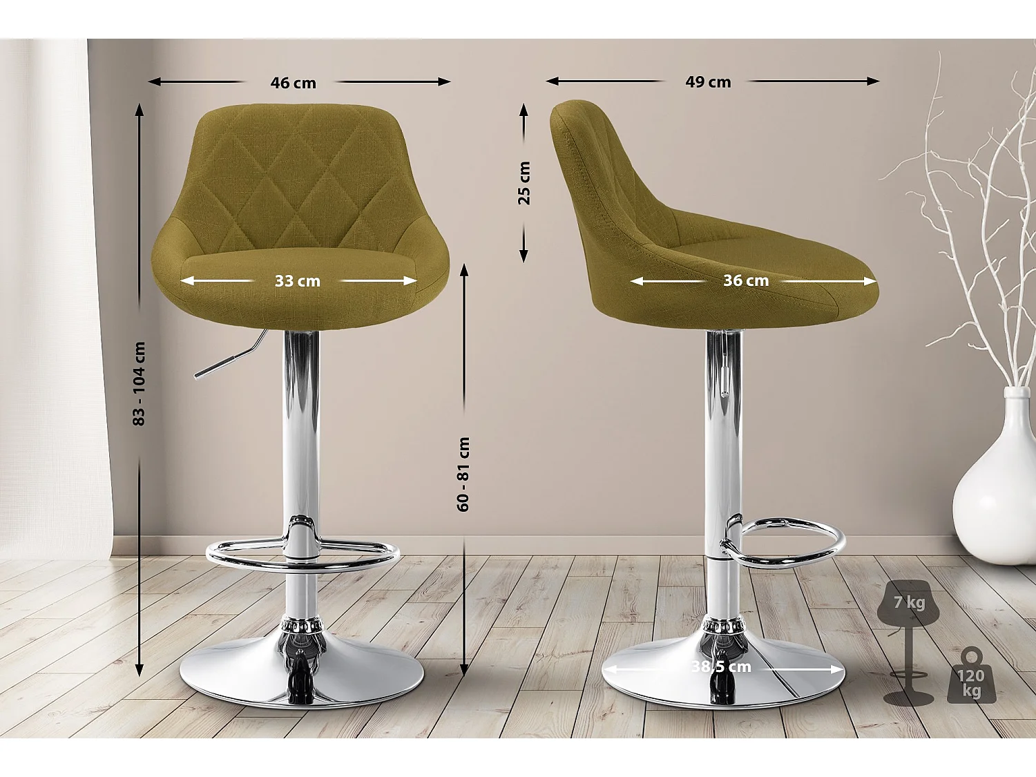 Tabouret de bar - Tissu & Chrome - Vert - Lazio