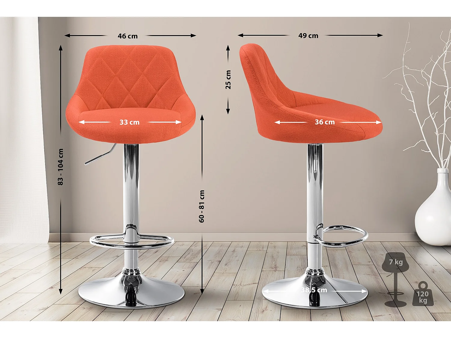 Tabouret de bar - Tissu & Chrome - Orange - Lazio