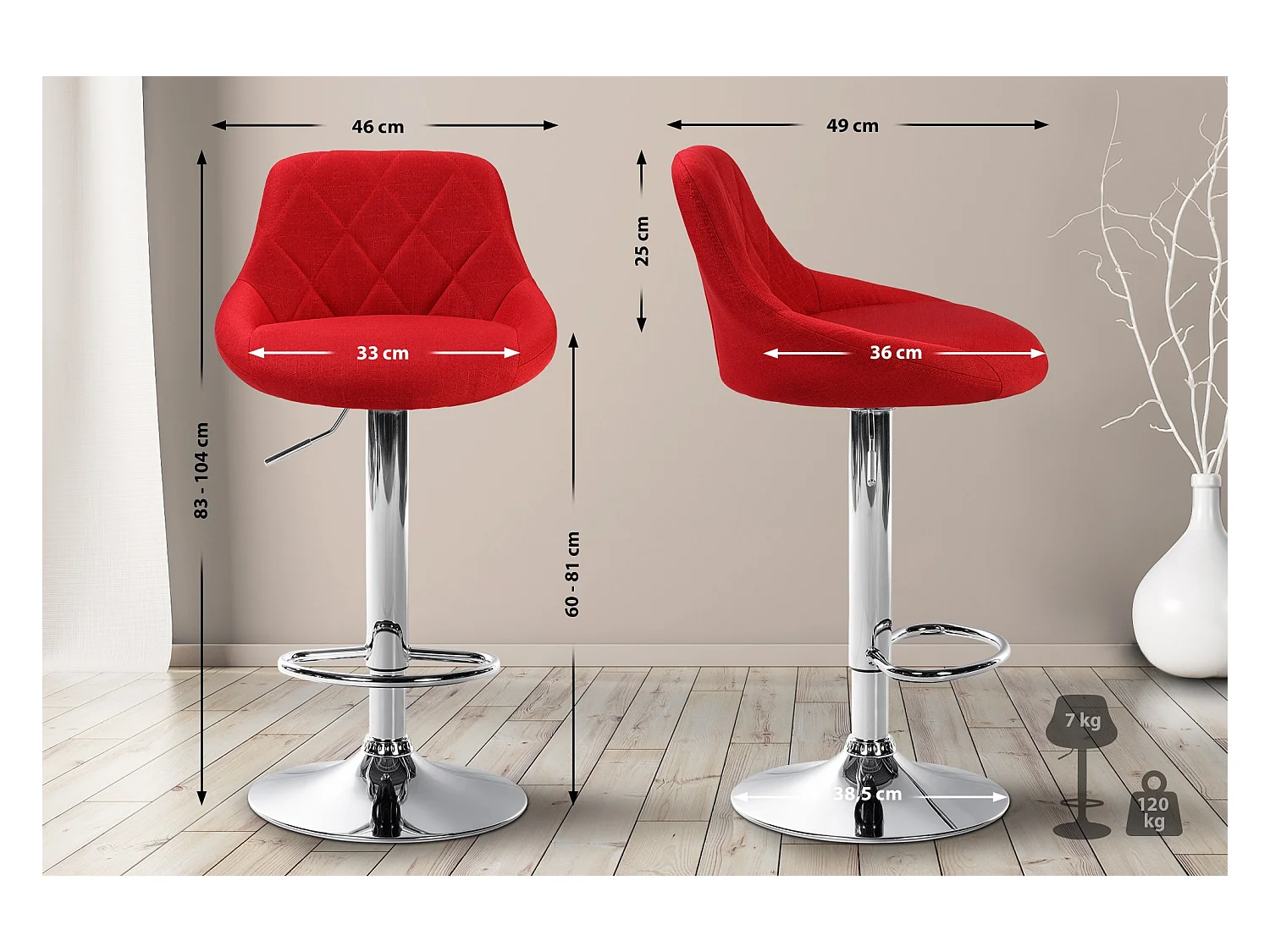 Tabouret de bar - Tissu & Chrome - Rouge - Lazio