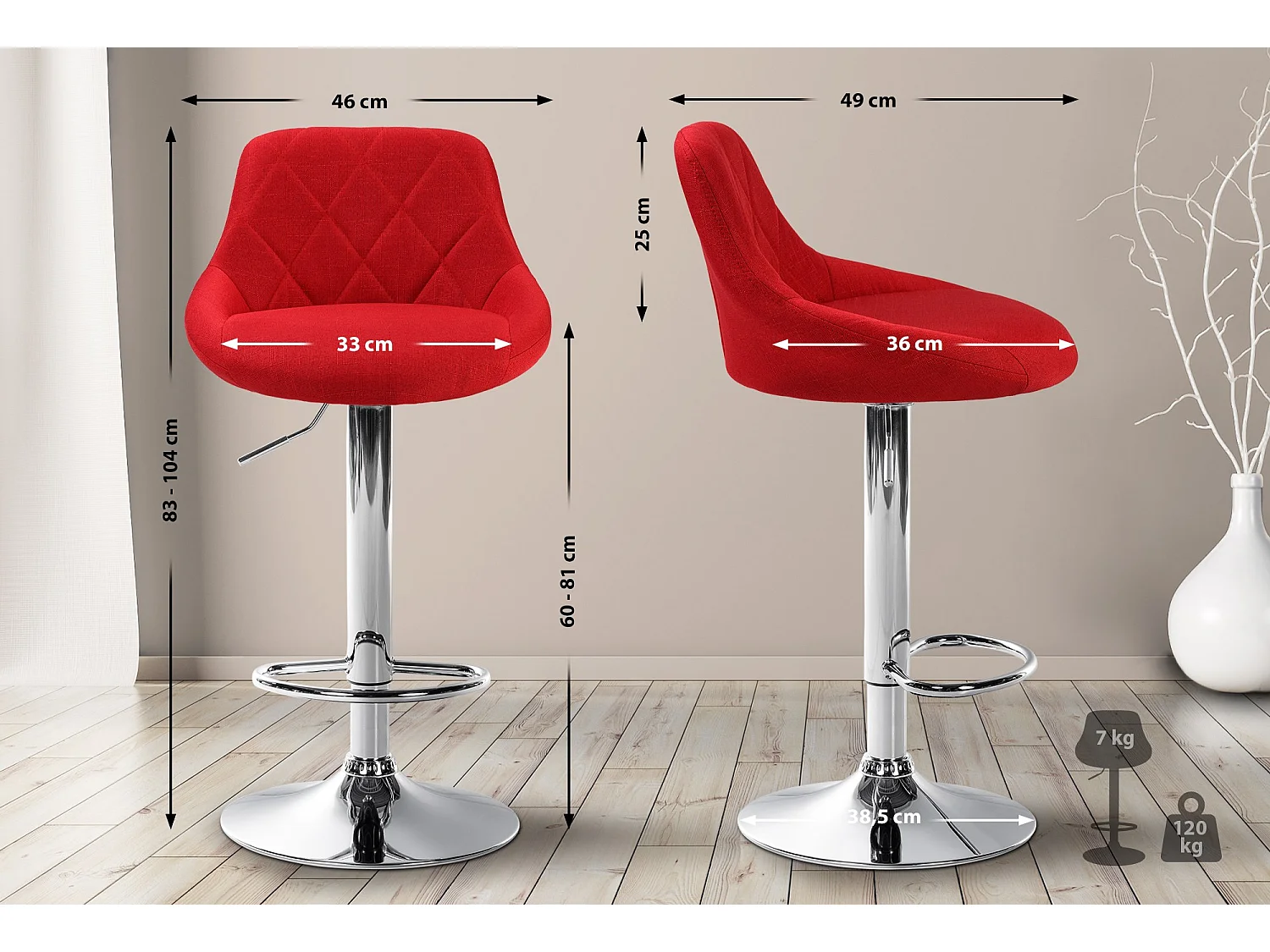 Tabouret de bar - Tissu & Chrome - Rouge - Lazio