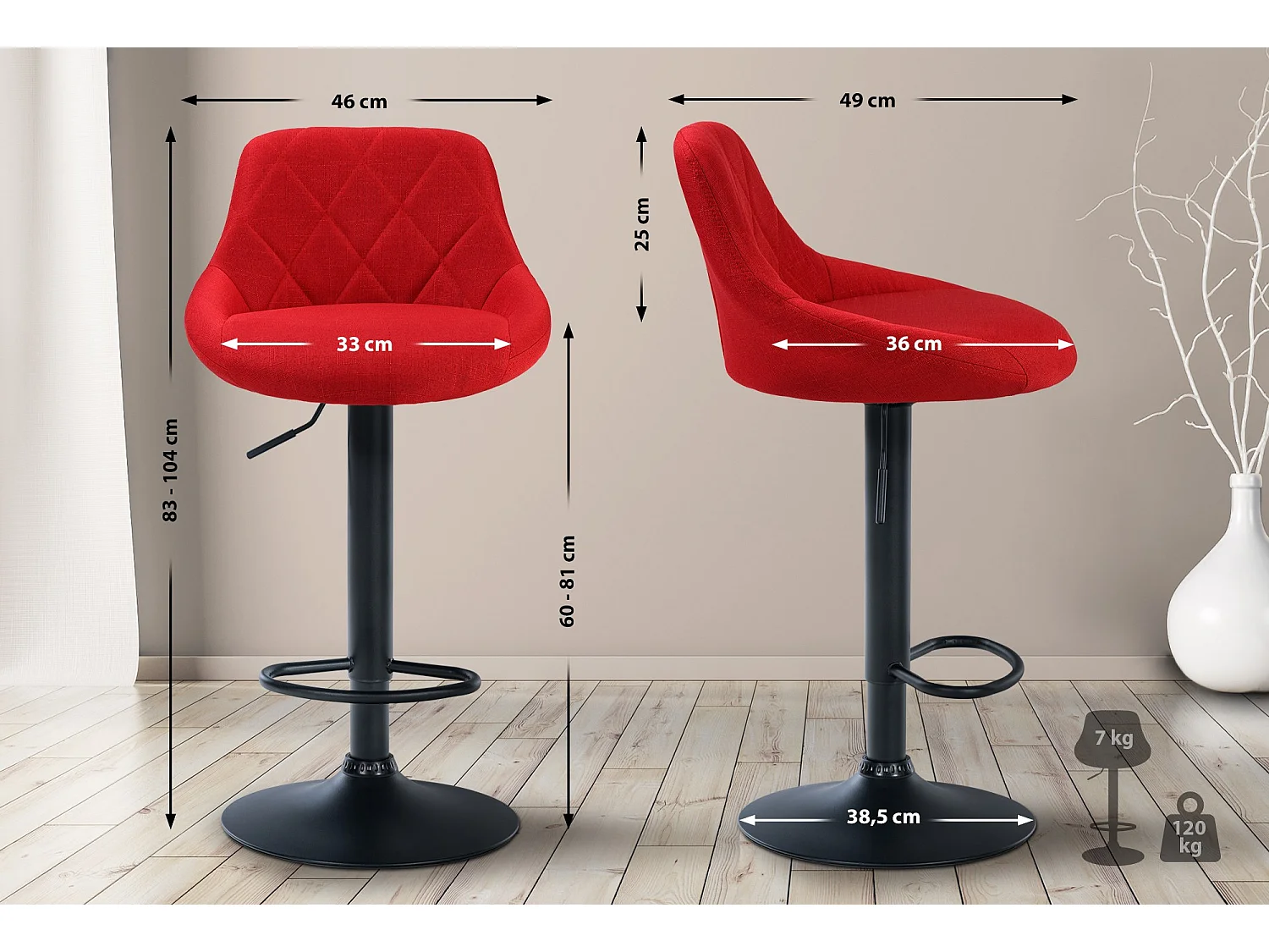 Tabouret de bar - Tissu & Noir - Rouge - Lazio