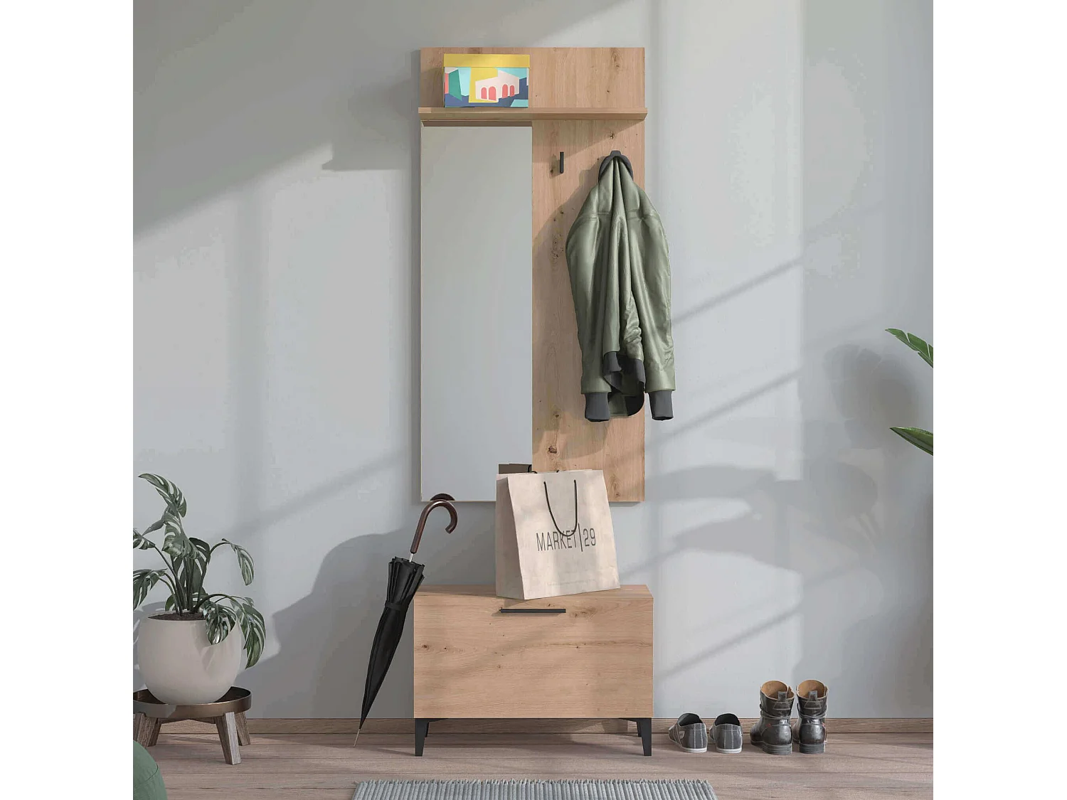 set mobile ingresso appendiabiti con specchio e contenitore di design moderno industrial cm 67,4 x 34,8 x 200 h