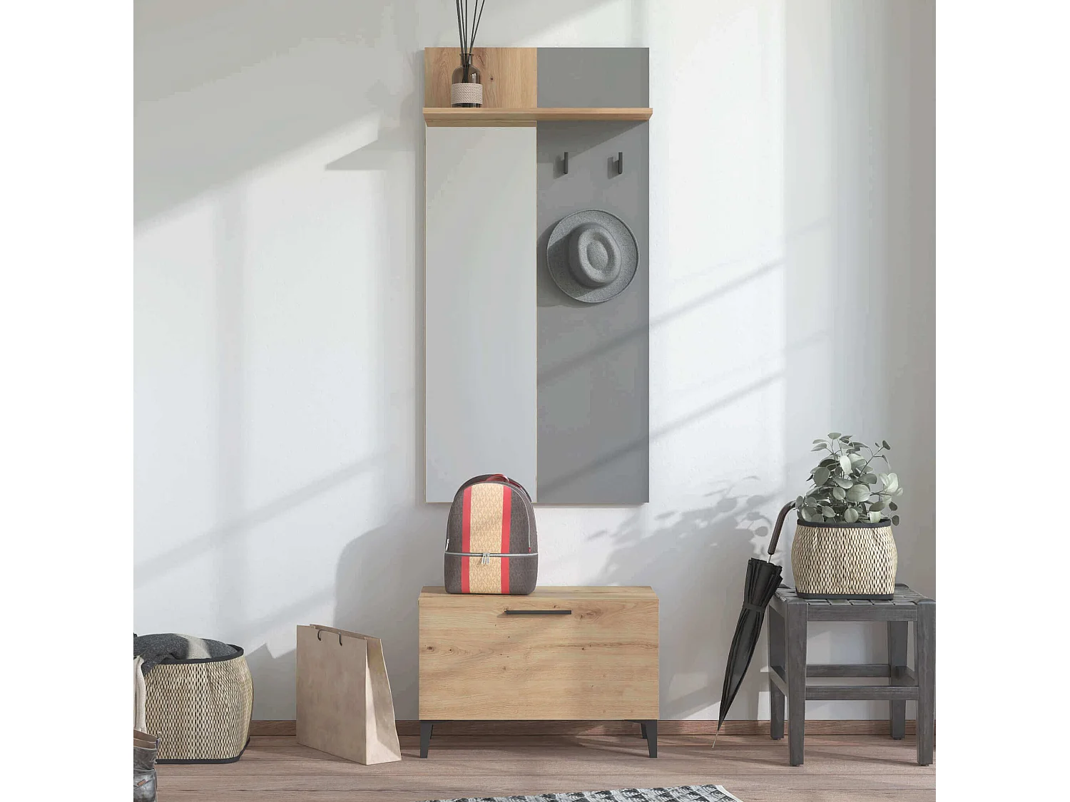 set mobile ingresso appendiabiti con specchio e contenitore di design moderno industrial cm 67,4 x 34,8 x 200 h