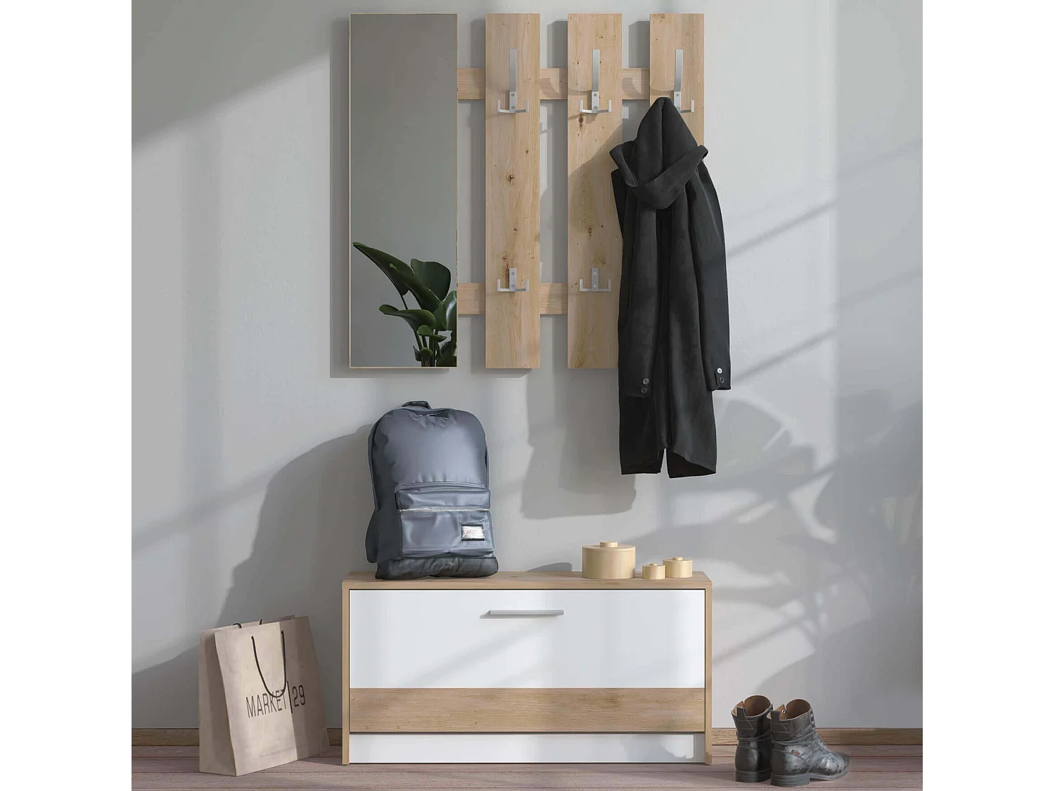 mobile ingresso appendiabiti moderno con specchio e scarpiera di design moderno industrial cm 91,6 x 28,1 x 202 h