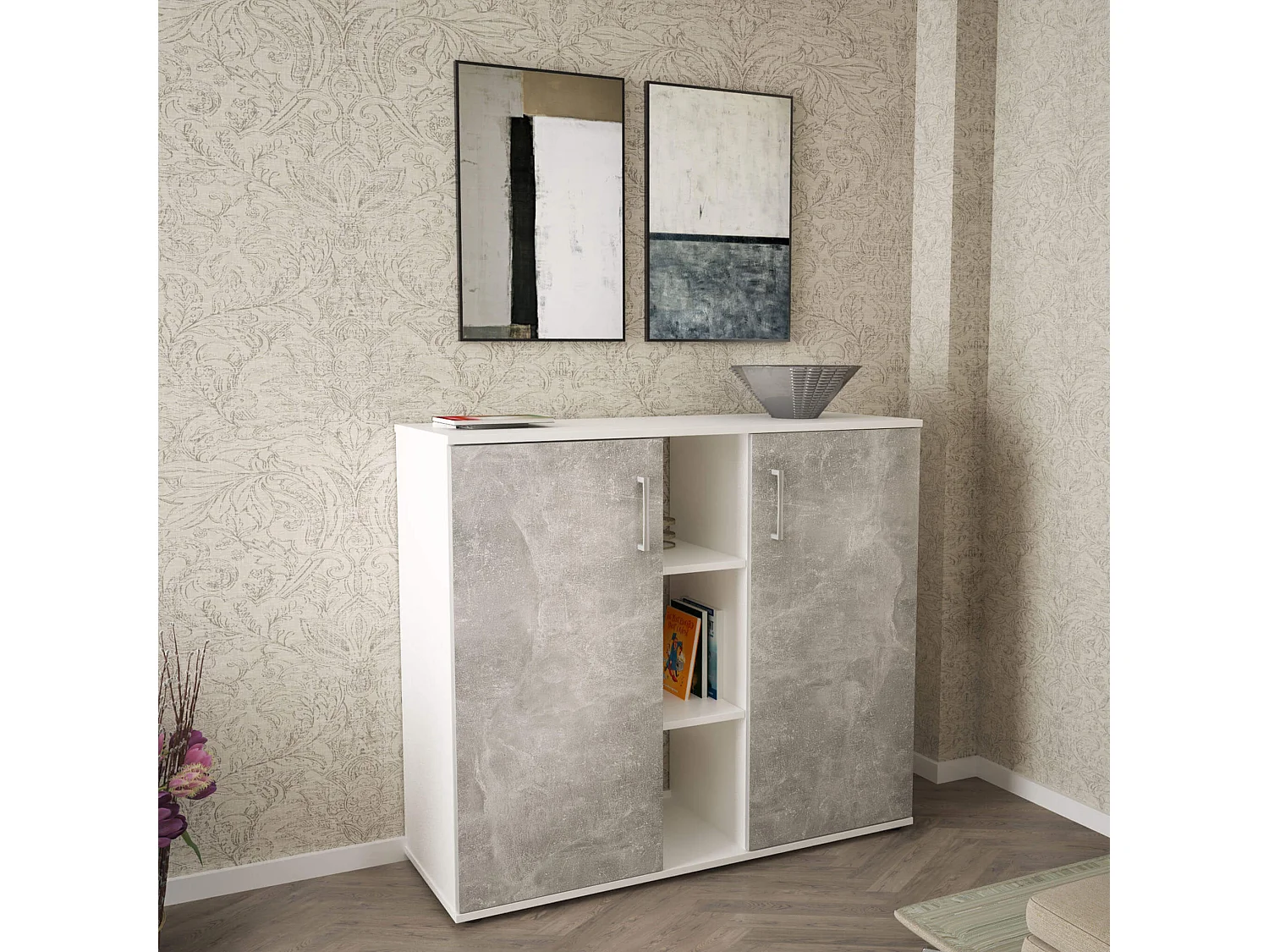 MilaniHome.it - mobile ingresso di design moderno con scarpiera e porta borse di coloreCemento