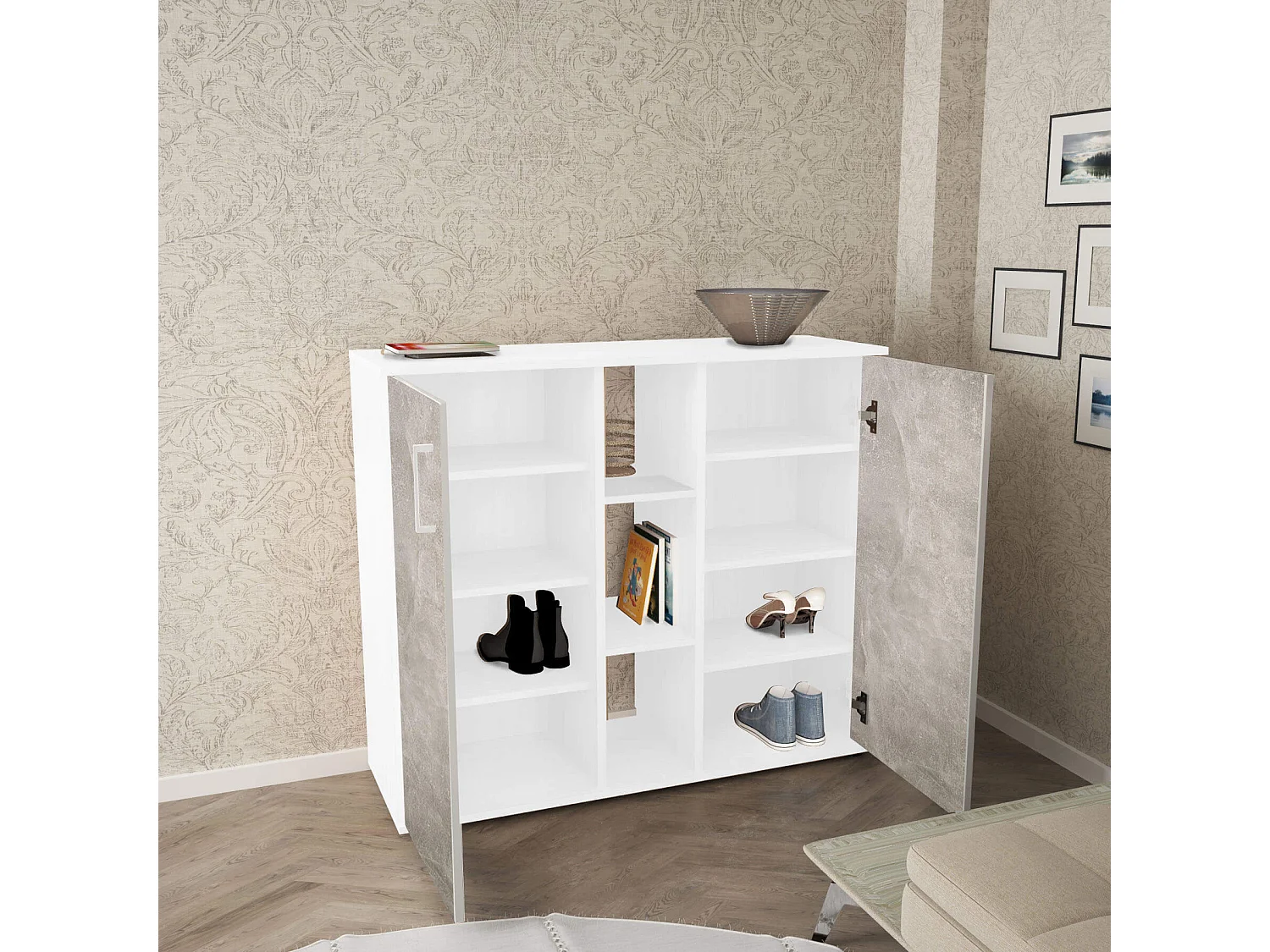 MilaniHome.it - mobile ingresso di design moderno con scarpiera e porta borse di coloreCemento