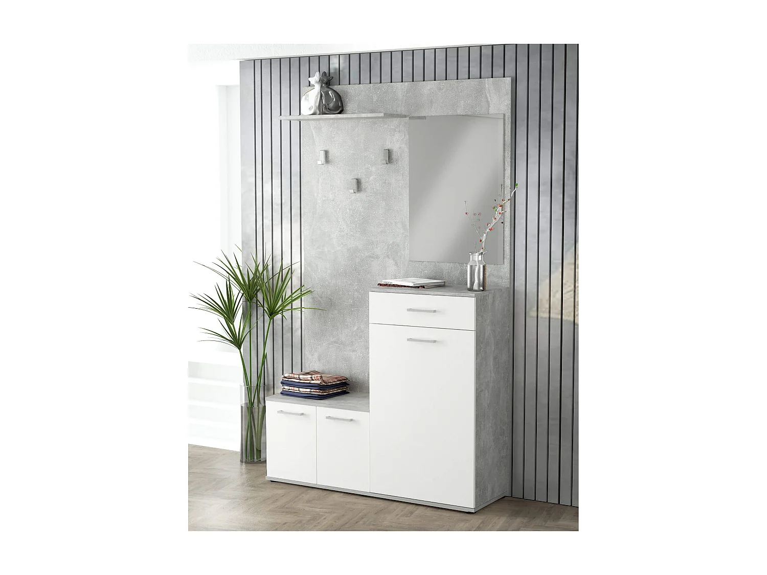 MilaniHome.it - mobile ingresso di design moderno con appendiabiti specchio e scarpiera di coloreCemento