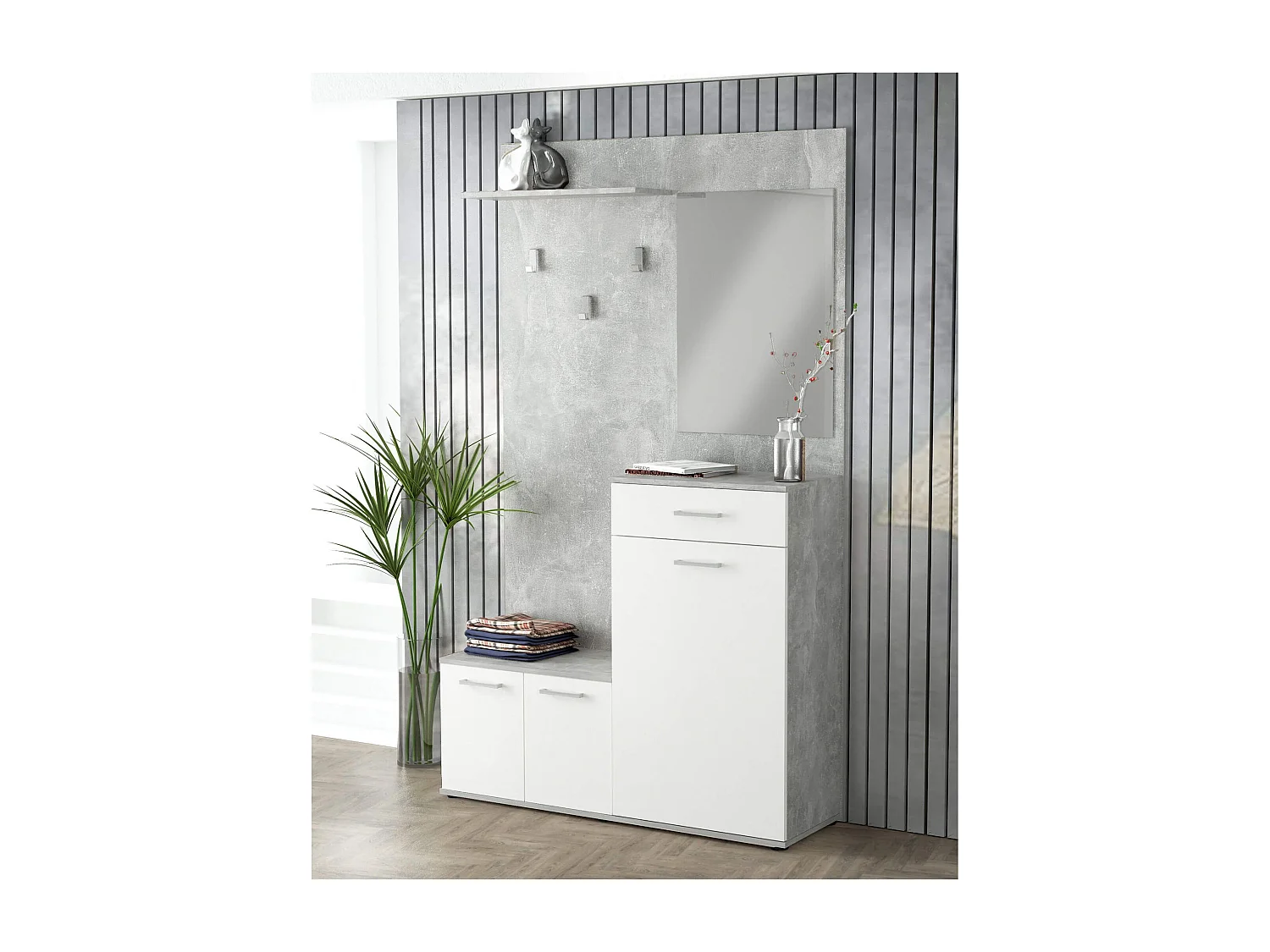 MilaniHome.it - mobile ingresso di design moderno con appendiabiti specchio e scarpiera di coloreCemento