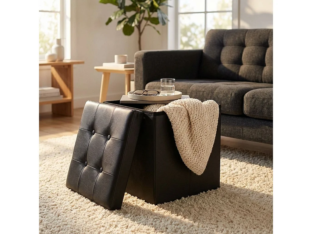 Milani Home - pouf quadrato, ecopelle, seduta poggiapiedi, nero, 38 x 38 x 38 cm