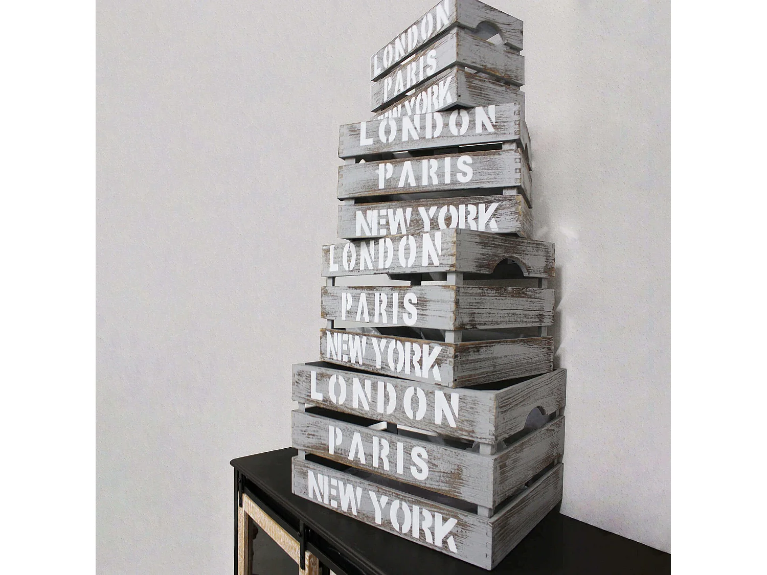 MilaniHome.it - Set Di 3 Cassette In Legno Di Design Industrial Stile Moderno Con Decoro , G.42x31x25/M.37x26x23/P.32x21x21/xS.27x16x19di coloreGrigio