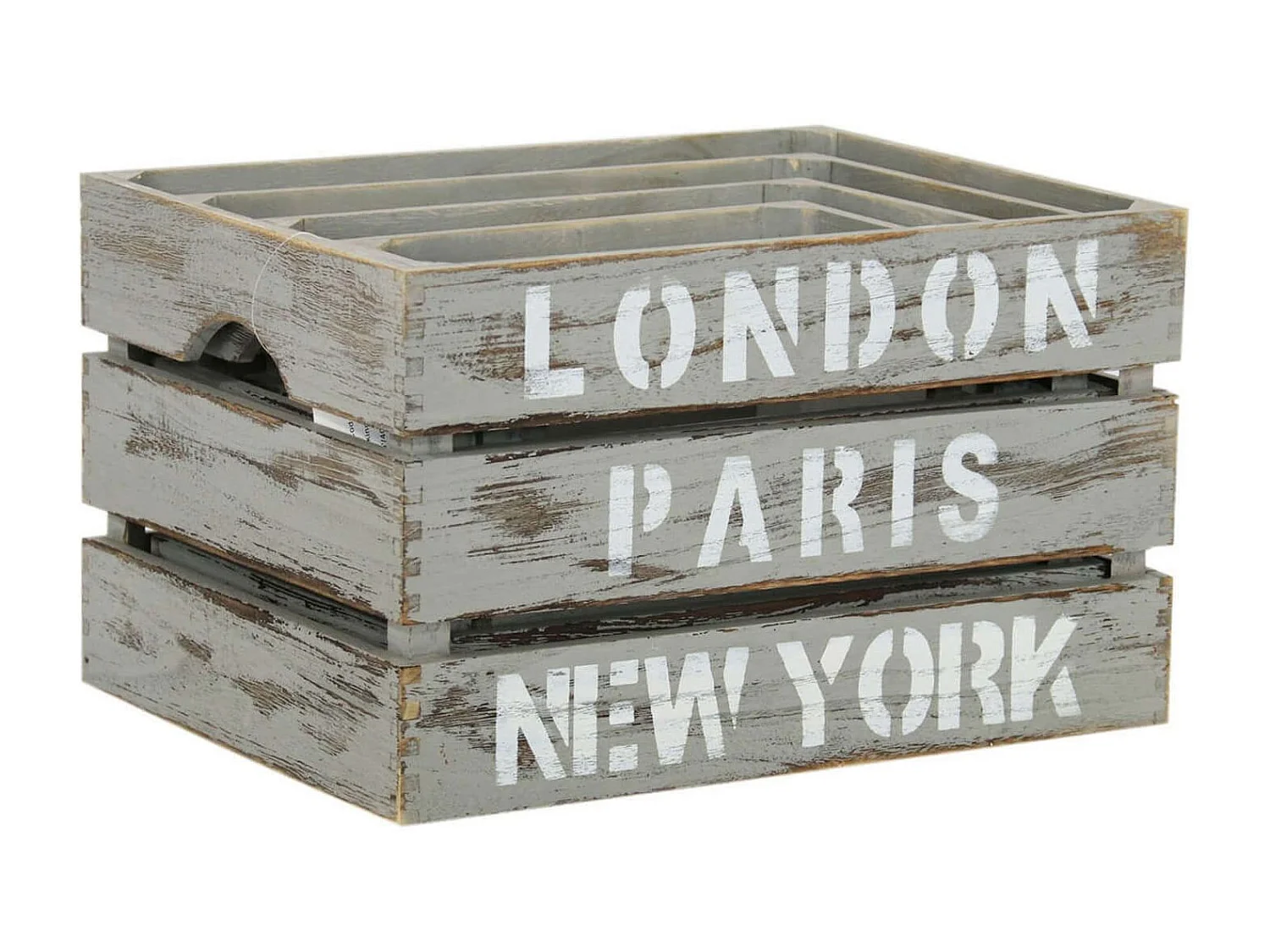 MilaniHome.it - Set Di 3 Cassette In Legno Di Design Industrial Stile Moderno Con Decoro , G.42x31x25/M.37x26x23/P.32x21x21/xS.27x16x19di coloreGrigio