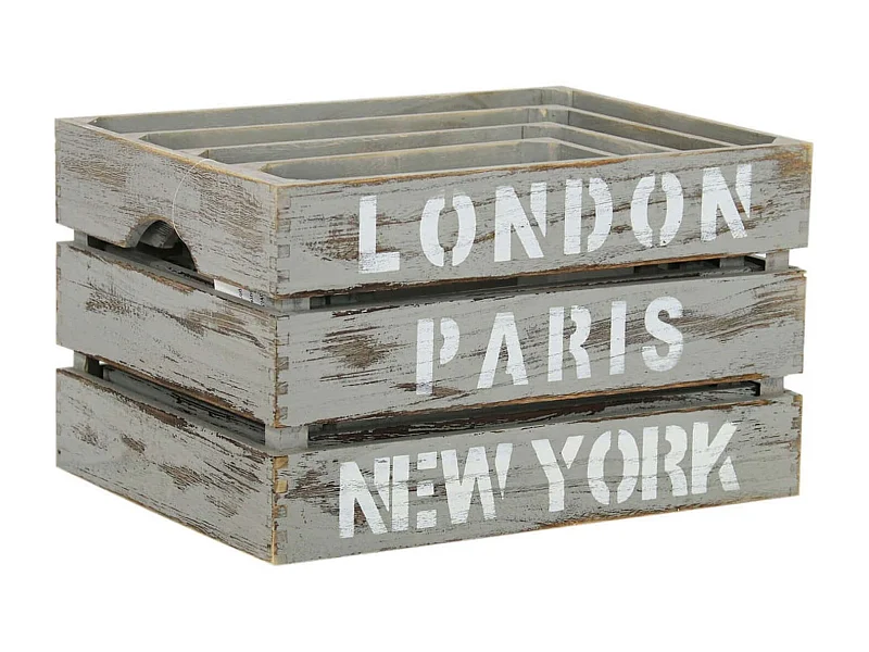 MilaniHome.it - Set Di 3 Cassette In Legno Di Design Industrial Stile Moderno Con Decoro , G.42x31x25/M.37x26x23/P.32x21x21/xS.27x16x19di coloreGrigio