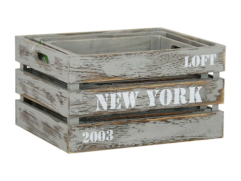 MilaniHome.it - Set Di 3 Cassette In Legno Di Design Industrial Stile Moderno Con Decoro , G.40x31x22/M.34x25x18/P.28x19x14di coloreGrigio