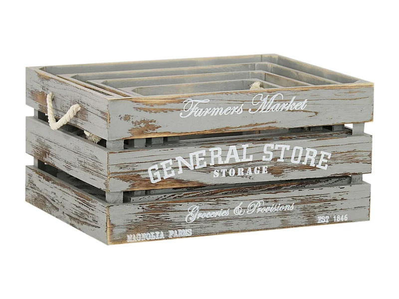 MilaniHome.it - Set Di 3 Cassette In Legno Di Design Industrial Stile Moderno Con Decoro , G41x31x20/M.36x26x18/P.31x21x16/xS.26x16x14di coloreGrigio