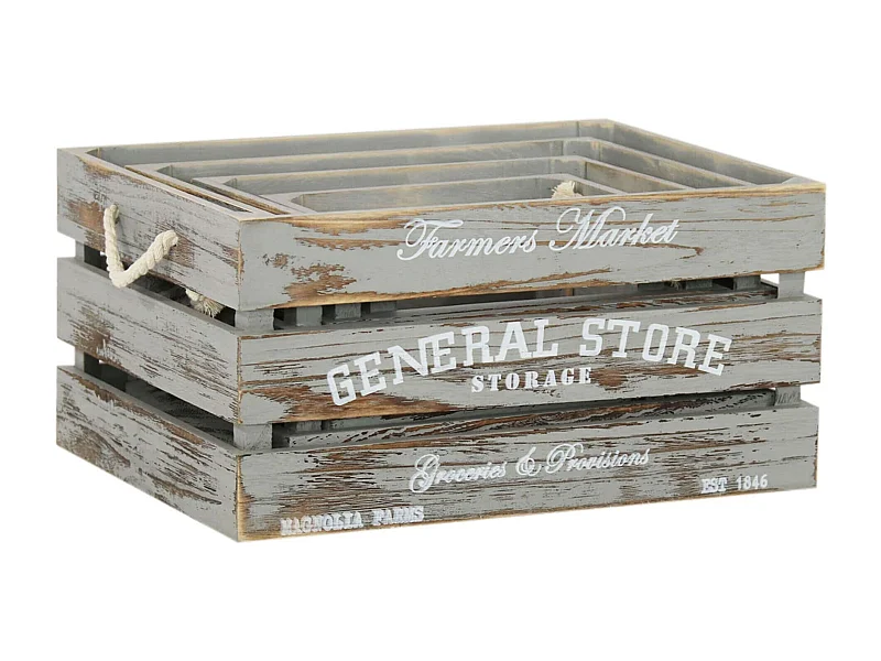 MilaniHome.it - Set Di 3 Cassette In Legno Di Design Industrial Stile Moderno Con Decoro , G41x31x20/M.36x26x18/P.31x21x16/xS.26x16x14di coloreGrigio