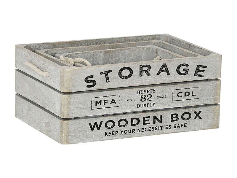 MilaniHome.it - Set Di 3 Cassette In Legno Di Design Industrial Stile Moderno Con Decoro , G.35x25x15/M.29x21x13/P.23x17x11di coloreGrigio