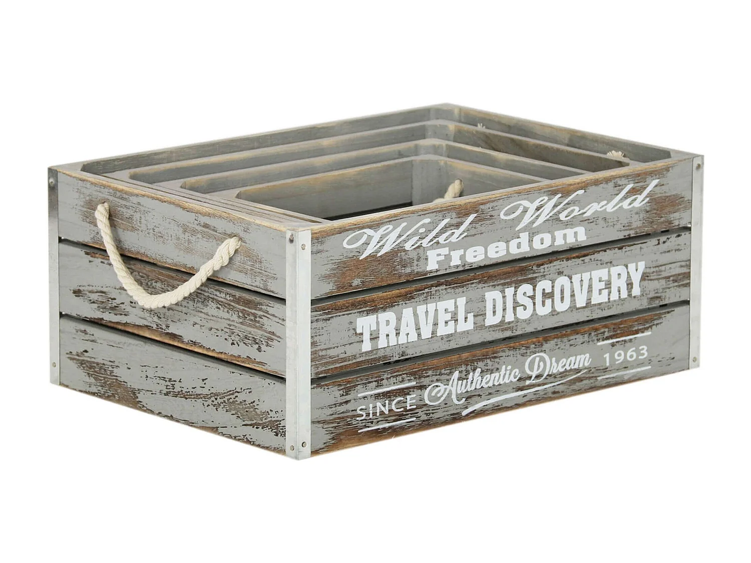 MilaniHome.it - Set Di 3 Cassette In Legno Di Design Industrial Stile Moderno Con Decoro , G.41x29x17/M.35x25x15/P.29x21x13/xS.23x17x11di coloreGrigio