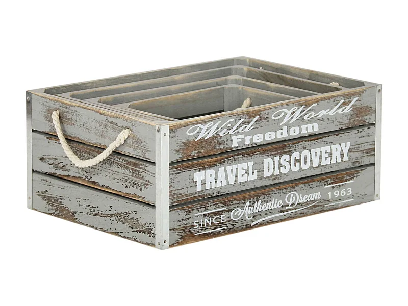 MilaniHome.it - Set Di 3 Cassette In Legno Di Design Industrial Stile Moderno Con Decoro , G.41x29x17/M.35x25x15/P.29x21x13/xS.23x17x11di coloreGrigio