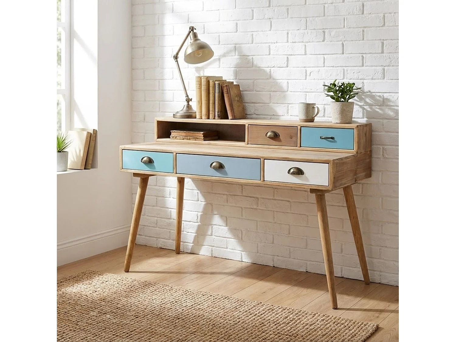 Milani Home - Scrivania Scrittoio Consolle Stile Industriale Cm 120x50x79 H Con 5 Cassetti E Scomparto Per Interno Sala Studio Ufficio - Multicolor