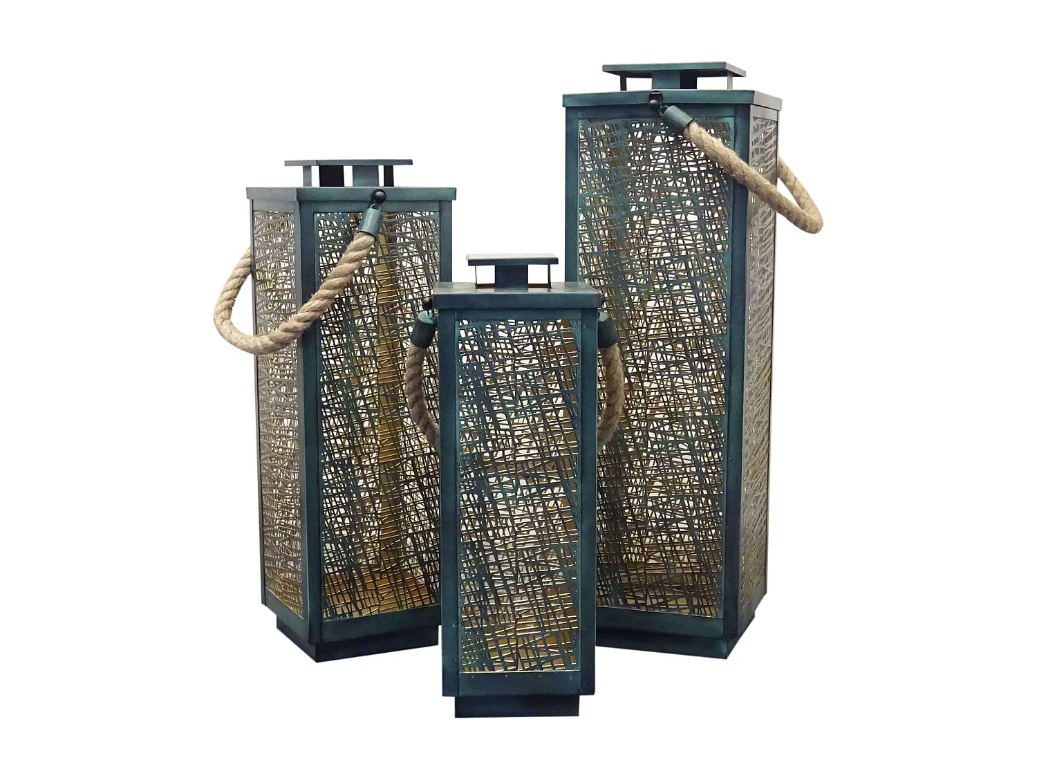 MilaniHome.it - Set Di 3 Lanterne In Metallo Stile Orientale Di Design Moderno Portacandela Da Appendere , G.69x20x20/M.57x18x18/P.47x16x16di coloreVerde