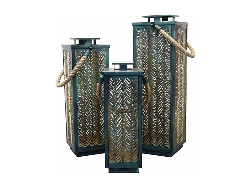 MilaniHome.it - Set Di 3 Lanterne In Metallo Stile Orientale Di Design Moderno Portacandela Da Appendere , G.69x20x20/M.57x18x18/P.47x16x16di coloreVerde