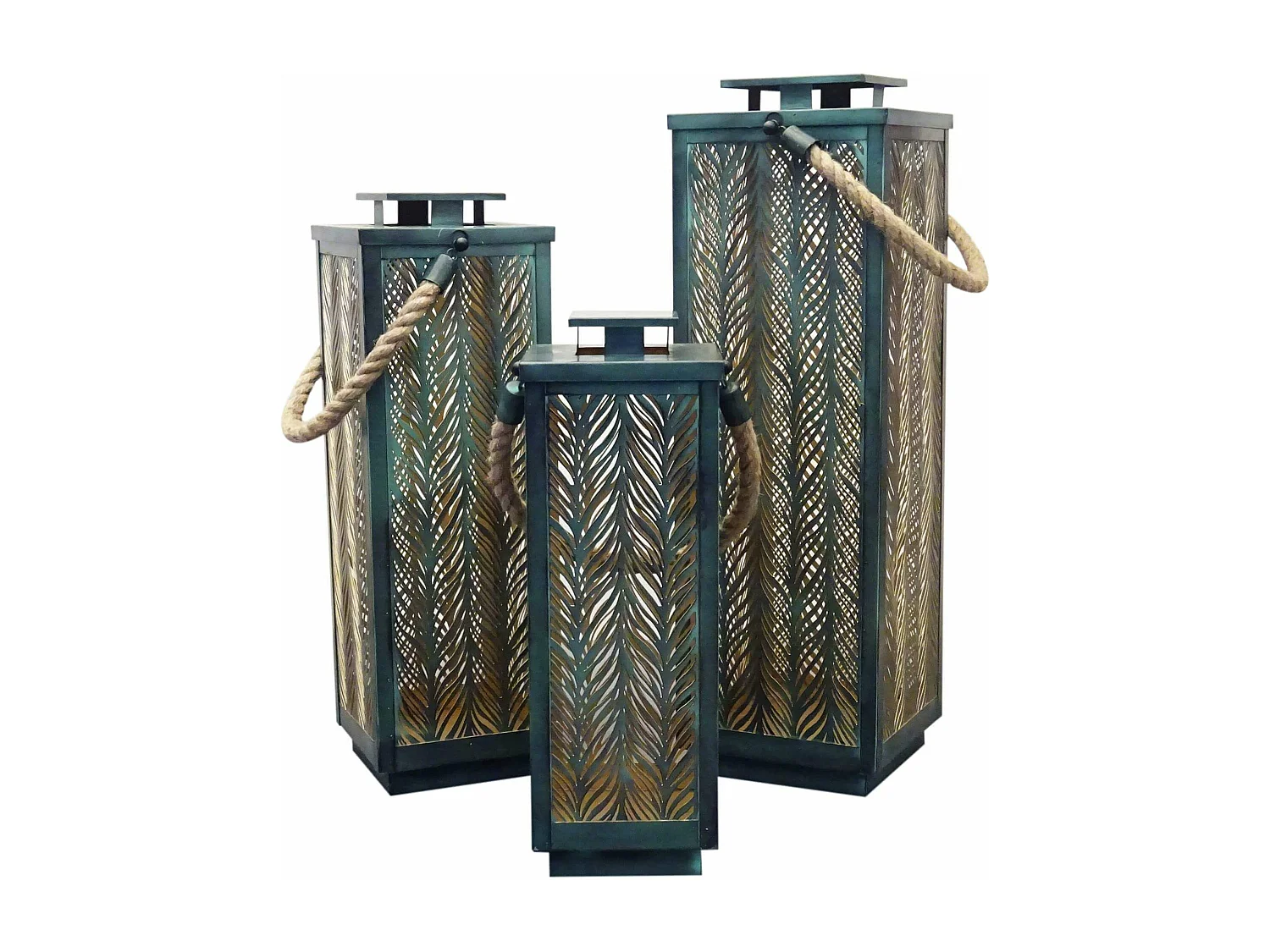 MilaniHome.it - Set Di 3 Lanterne In Metallo Stile Orientale Di Design Moderno Portacandela Da Appendere , G.69x20x20/M.57x18x18/P.47x16x16di coloreVerde