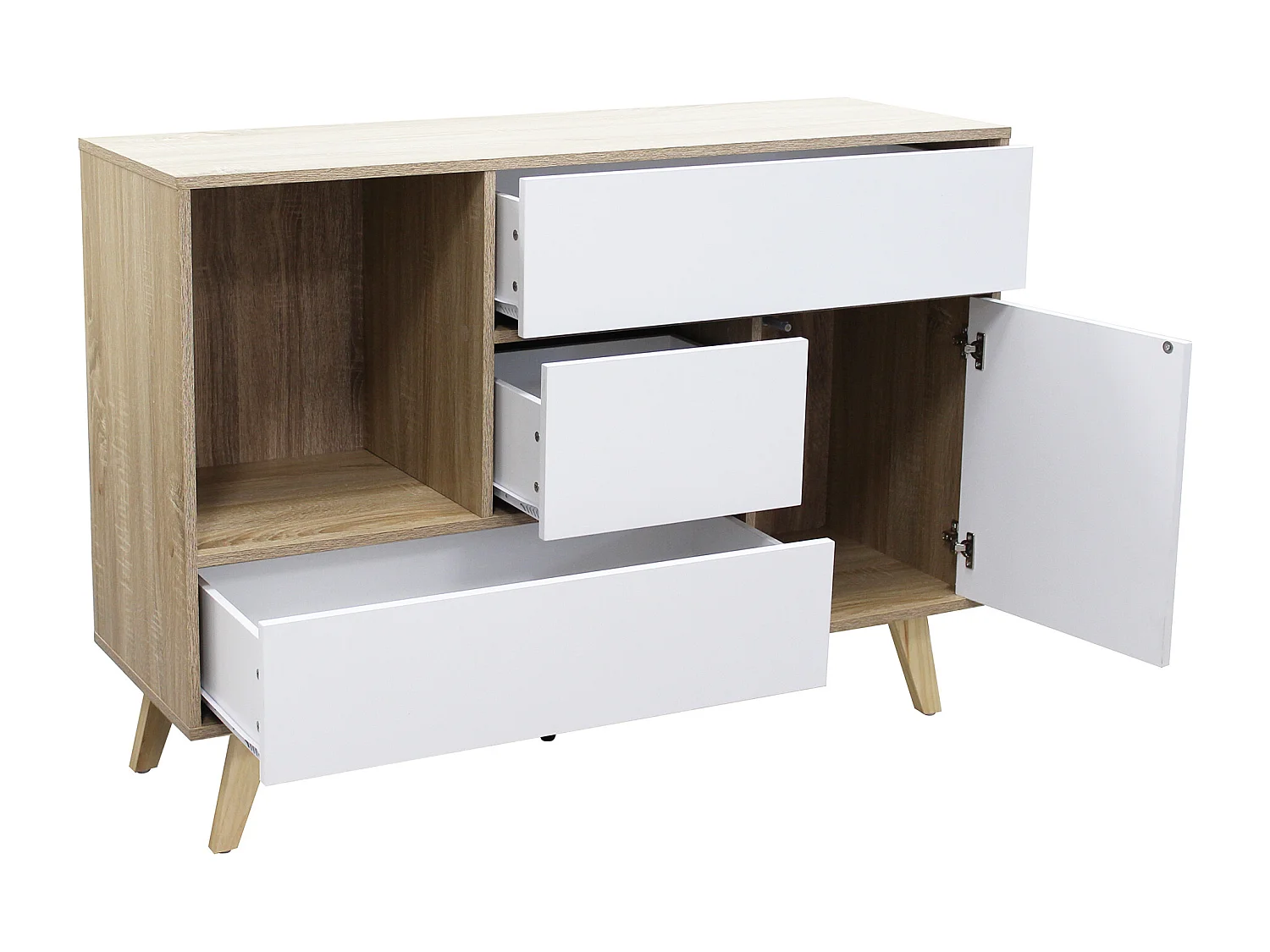 MilaniHome.it - madia moderna con tre cassetti e un anta di design per salotto, soggiorno 119x39,5x85,6 hdi coloreBianco