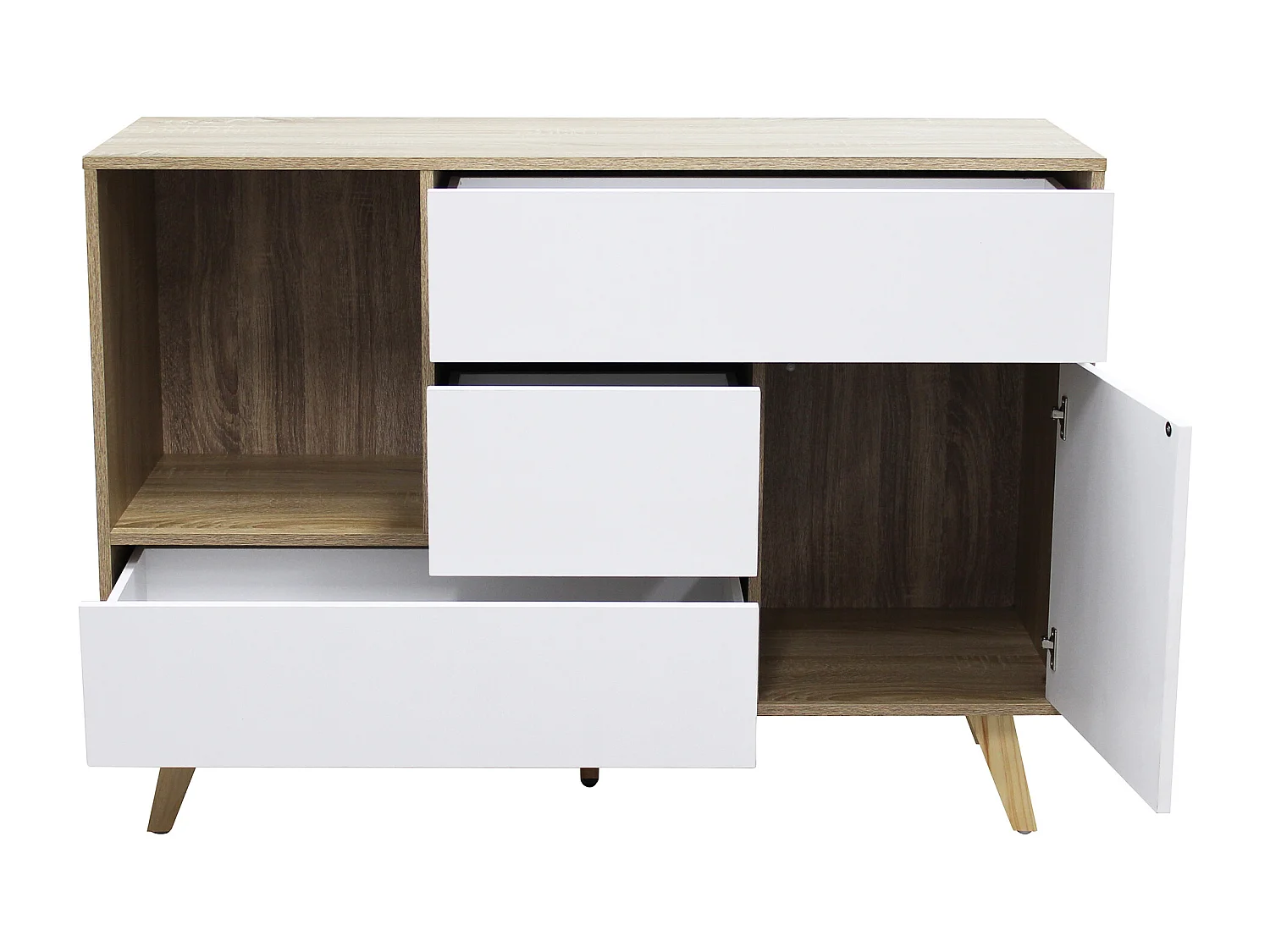 MilaniHome.it - madia moderna con tre cassetti e un anta di design per salotto, soggiorno 119x39,5x85,6 hdi coloreBianco