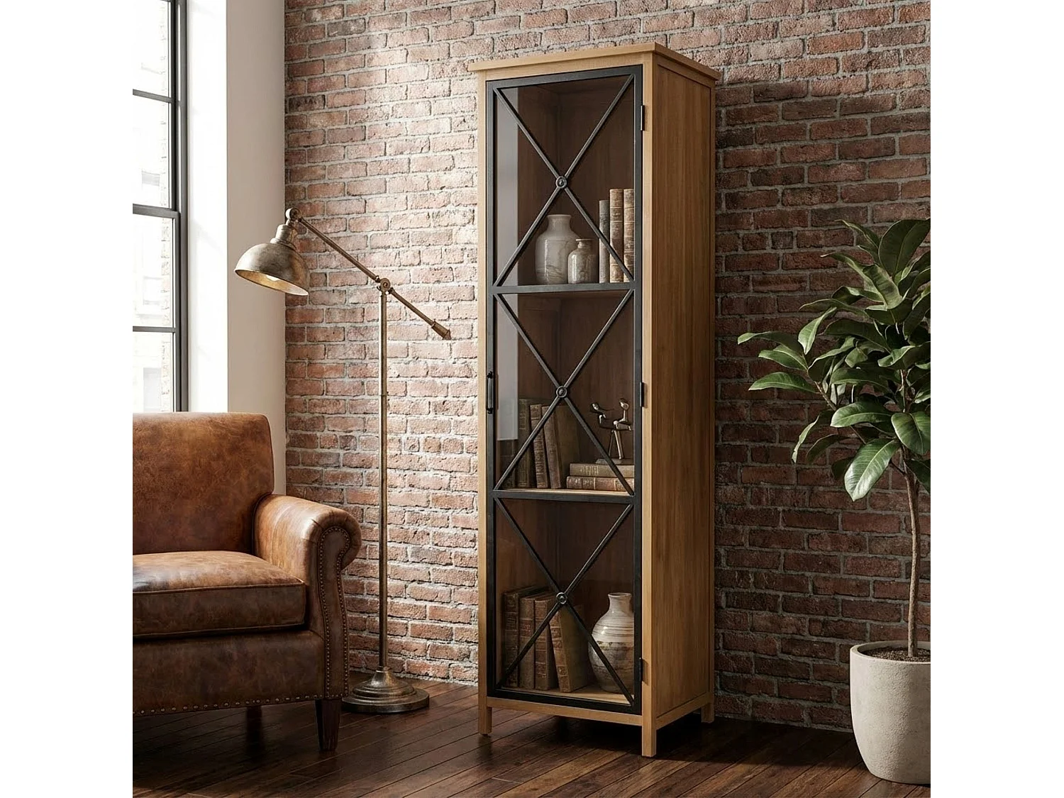 MilaniHome.it - vetrina in legno e metallo per salotto soggiorno cucina di design industrial cm 53x46x183,5 hdi coloreMarrone