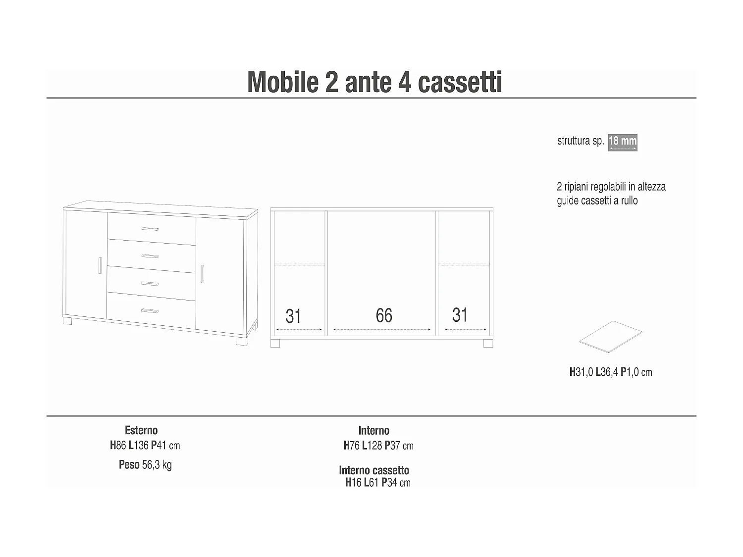 MilaniHome.it - madia moderna per soggiorno di design moderno cm 136 l x 41 p x 86 hdi coloreBianco