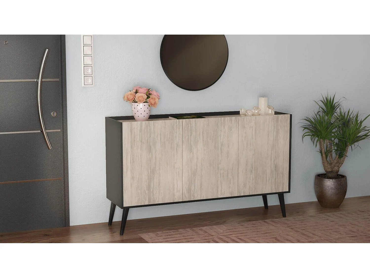 MilaniHome.it - madia di design con 3 ante di design moderno contemporaneo cm 150 x 40 x 78 hdi colorePino Chiaro