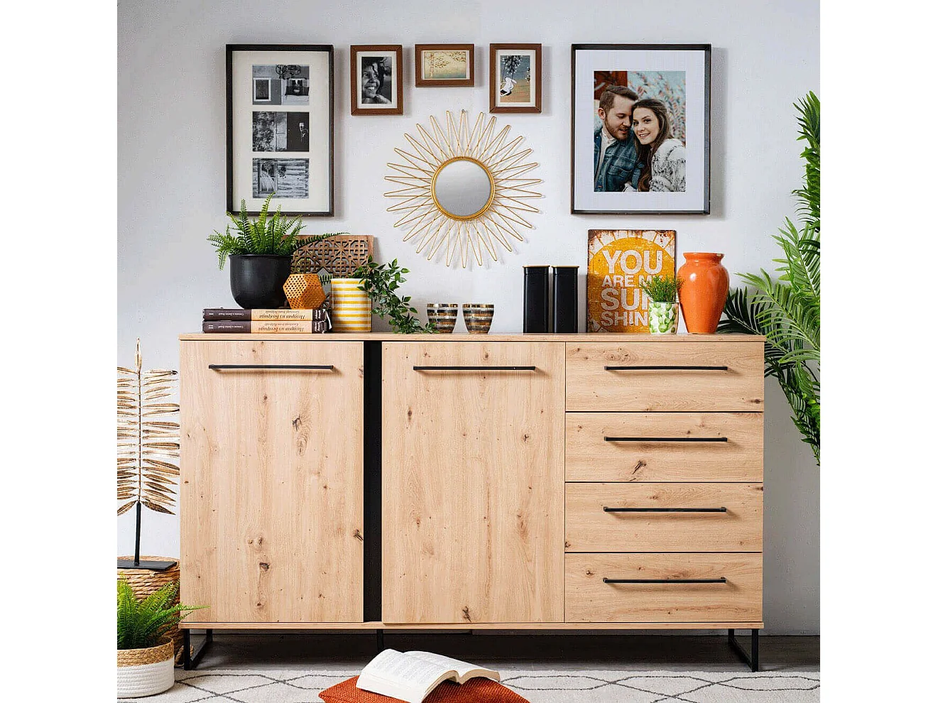 credenza con 2 ante e 4 cassetti colore rovere di design moderno industrial cm 159 x 42 x 92,5 h