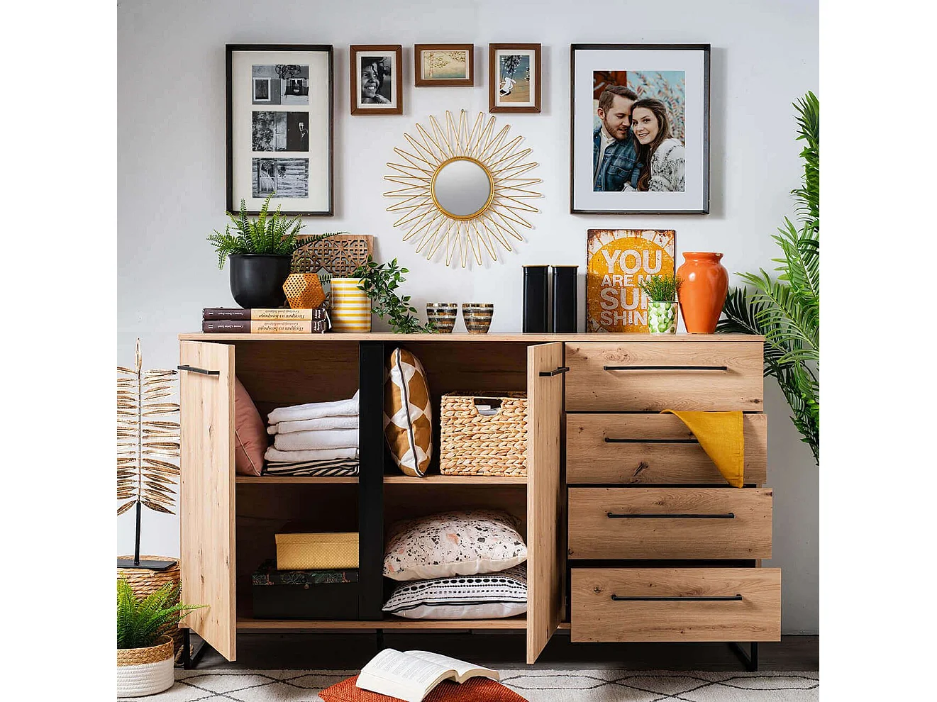 credenza con 2 ante e 4 cassetti colore rovere di design moderno industrial cm 159 x 42 x 92,5 h