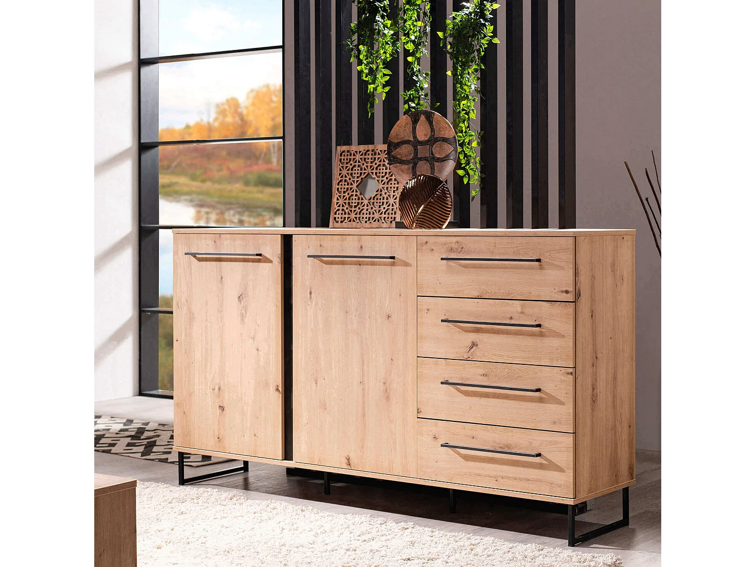 credenza con 2 ante e 4 cassetti colore rovere di design moderno industrial cm 159 x 42 x 92,5 h