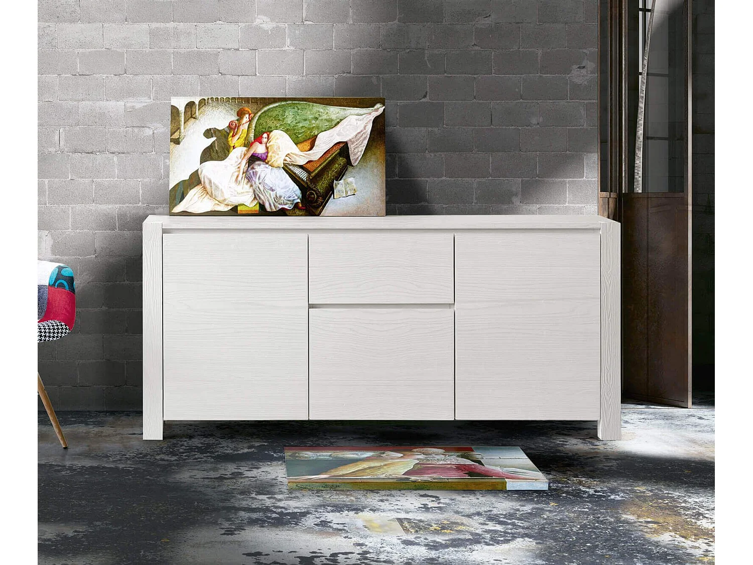 MilaniHome.it - Credenza Abete Bianco Spazzolato 185x50x84 Per Interno Sala Da Pranzo Salotto Cucina Moderno Massellodi coloreBianco