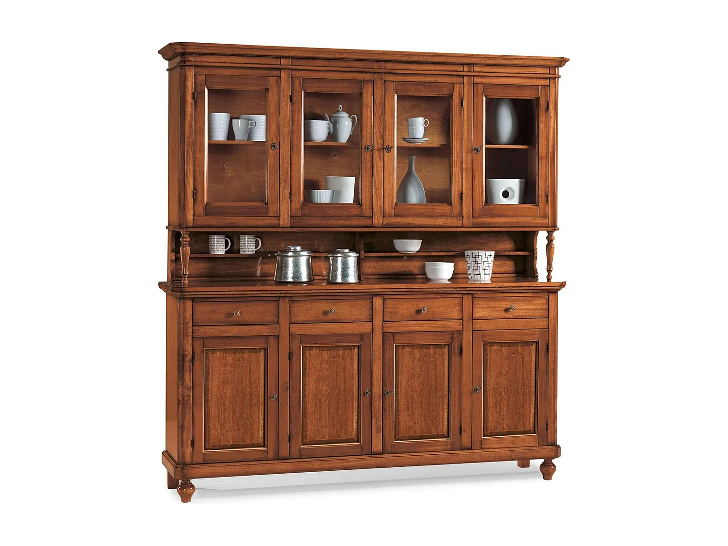 Milani Home - Credenza Con Vetrina In Legno Massello 196x43x218 - Tinta noce