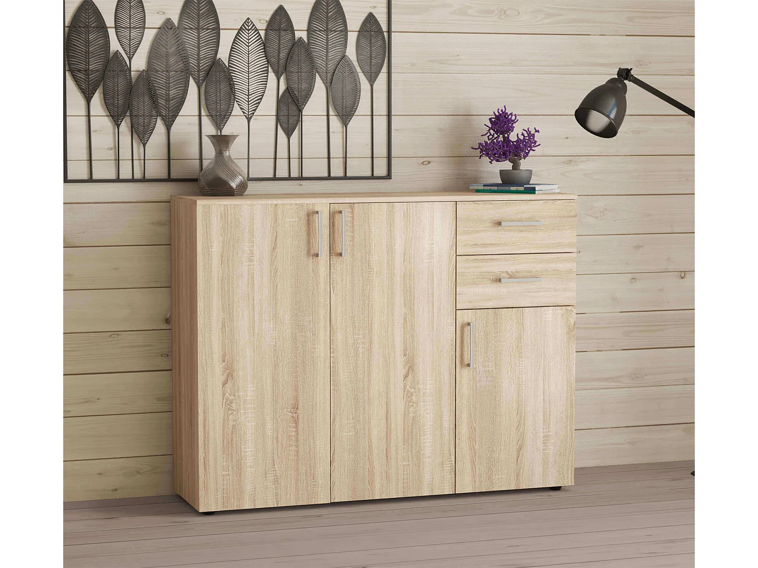 MilaniHome.it - madia moderna con 2 cassetti e tre ante di design moderno contemporaneo cm 106 x 36 x 83 hdi coloreQuercia Chiaro