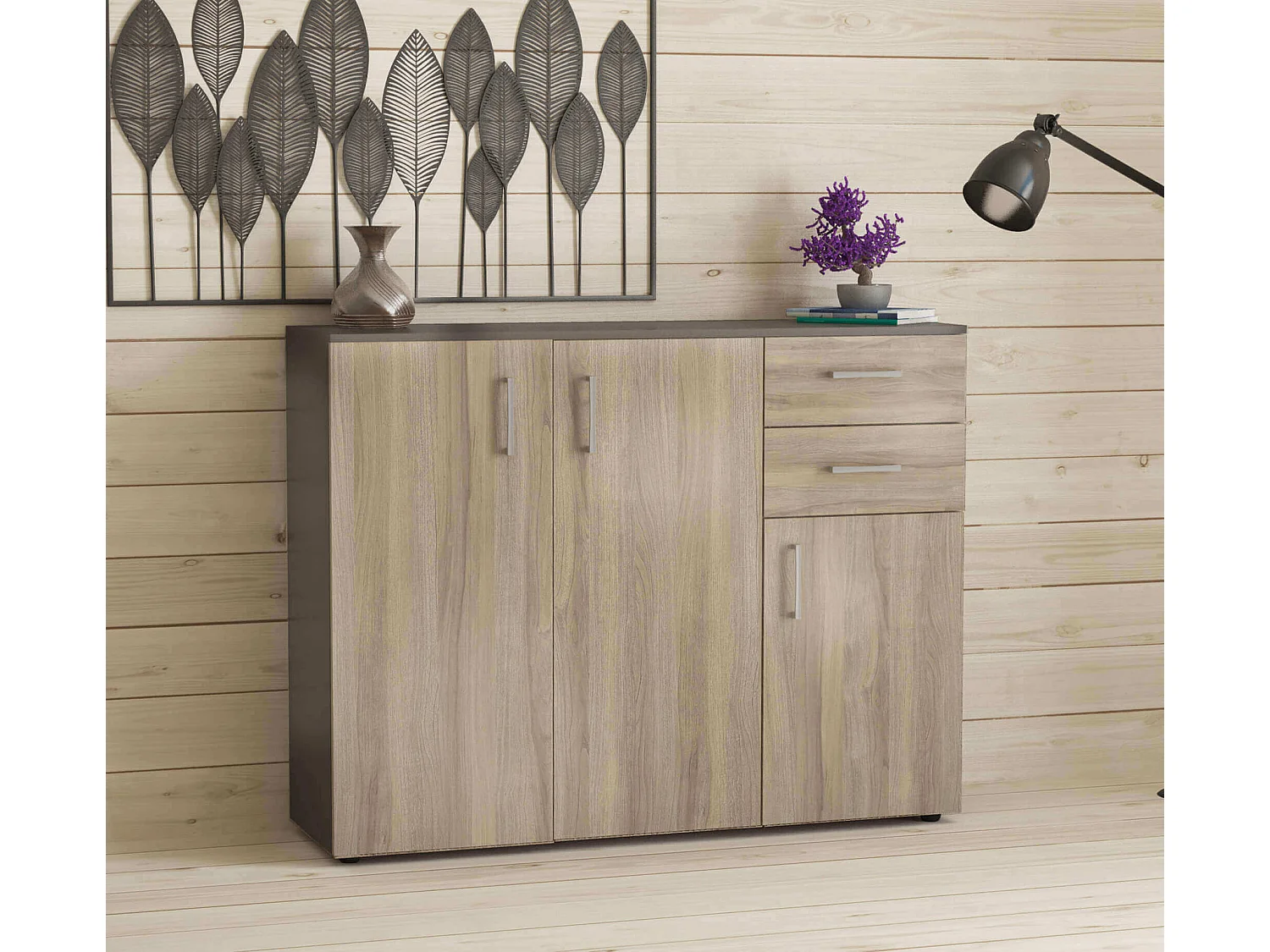 MilaniHome.it - madia moderna con 2 cassetti e tre ante di design moderno contemporaneo cm 106 x 36 x 83 hdi coloreOlmo